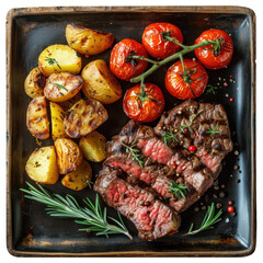 grilled meat with rosemary, tomato and potatoes on black plate. transparent background