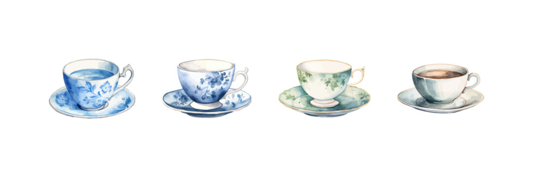 Watercolor tea cup set. Vector illustration design.