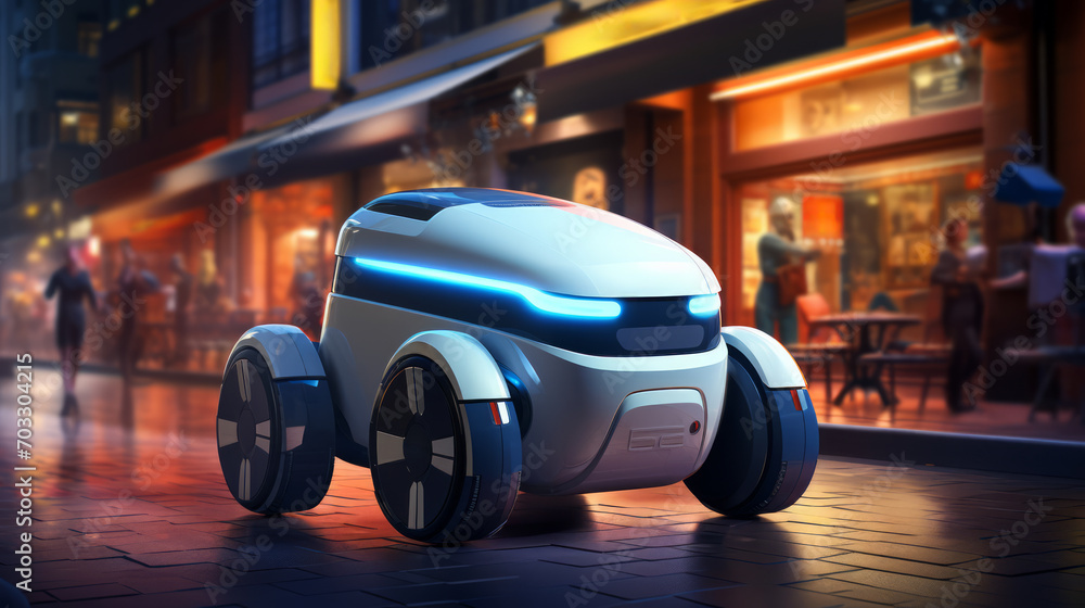 Poster autonomous delivery robot navigating through a residential area at dusk. urban future concept. gener