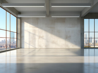 Modern office interior with large windows and cityscape. Industrial design and urban concept. Generative AI