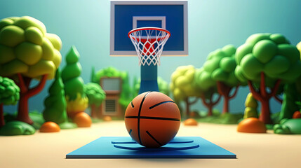 Simple basketball court, 3D icon, clay, Cartoon soft smooth lighting