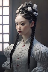 An ethereal portrayal of a Japanese woman in a ballet dress, her hair intricately braided and makeup kept soft, captured in the elegant ambiance of a studio.