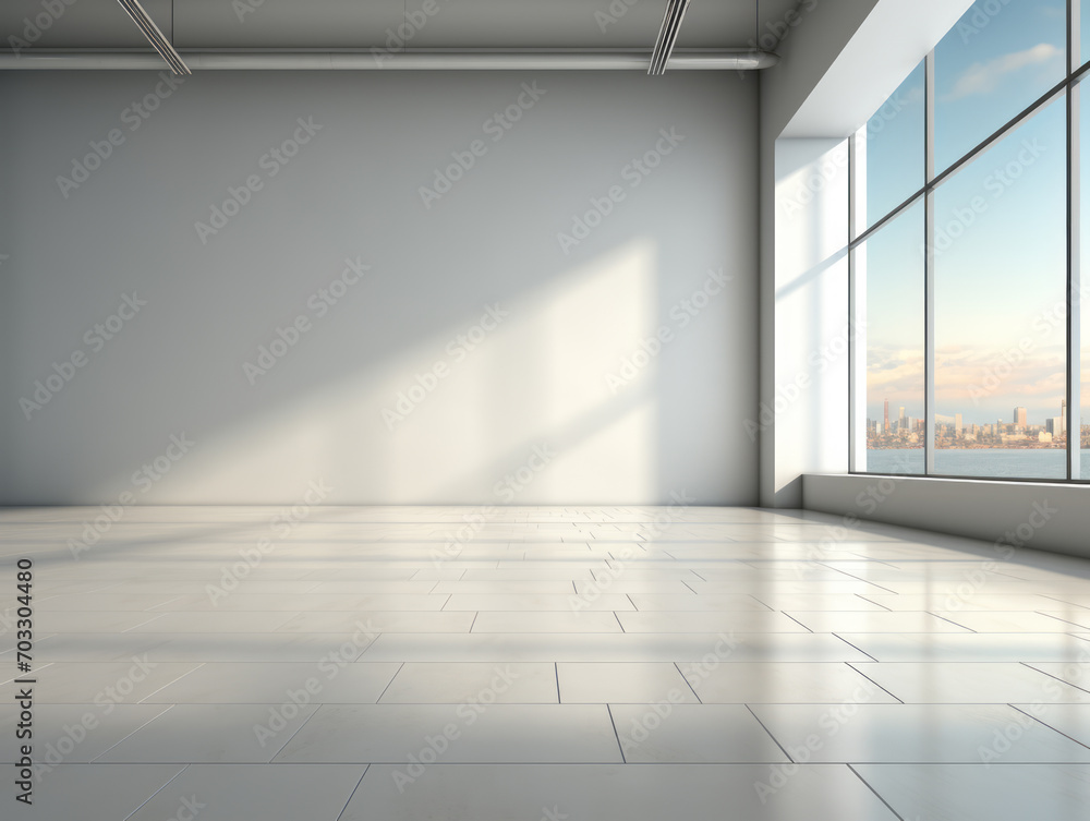 Poster minimalist office space with large windows and reflective white floor. modern architecture concept. 