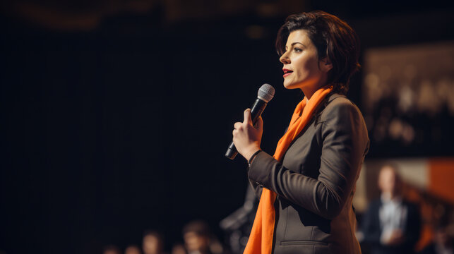 Professional woman giving a dynamic speech at a business seminar. Leadership and inspiration concept. Generative AI - Powered by Adobe