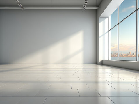 Fototapeta Minimalist office space with large windows and reflective white floor. Modern architecture concept. Generative AI