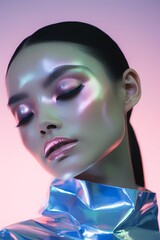 An ethereal shot of a Japanese woman with iridescent, holographic makeup that shimmers under soft light. Her serene expression contrasts with the bold, futuristic tones, creating a mesmerizing image.