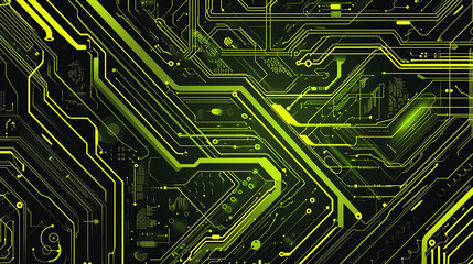 Electric lime green circuit board-style lines traces over a charcoal grey background