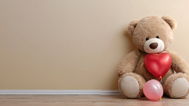 Small teddy bear and a heart shaped balloon on light background with copy space