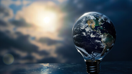 Incandescent Lamp in the Form of Planet Earth. Free Space for Text, Copy Space. Electricity and Clean Energy Concept. Earth Hour.