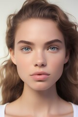 Obraz premium Capturing the essence of natural beauty, a model in light makeup stands confidently in front of a seamless white background.