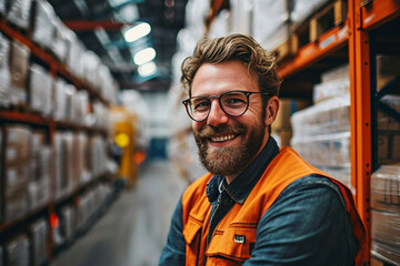 Happy warehouse worker in glasses and high visibility vest amidst aisles of boxes