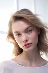 An ethereal-looking model showcasing a natural, effortless beauty, with soft makeup, framed against a pristine white wall, evoking sophistication.