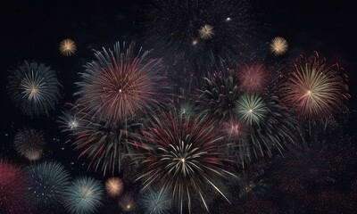 Fototapeta premium Fireworks on the night sky background