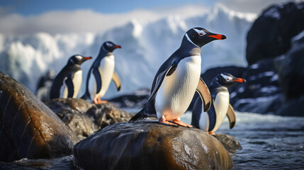 Gentoo penguins on rocks - obrazy, fototapety, plakaty