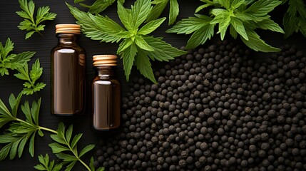 Black pepper essentials oil Santalum album gentle natural scent - obrazy, fototapety, plakaty