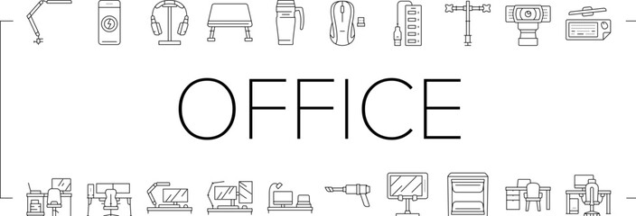 office gadget computer business icons set vector. laptop design, device technology, work tablet, graphic phone, mobile monitor, web office gadget computer business black line illustrations