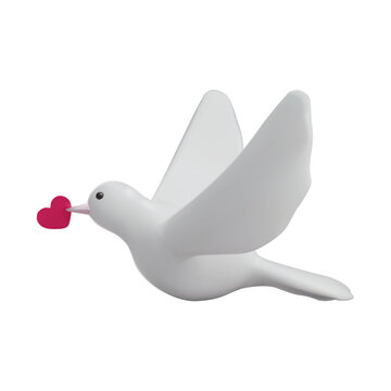 Render of a flying dove with a pink heart. Vector 3d illustration on isolated background