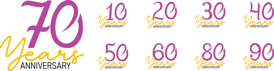 Set of Anniversary Logotype Purple color for special day celebration. Vector illustration