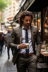 Sharp-dressed businessman striding down a city sidewalk, multitasking with his laptop and a coffee-to-go in hand, Generative AI