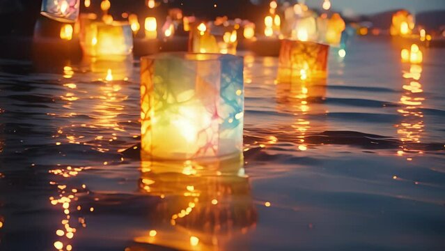 Closeup of the lanterns being released onto the water, their colorful reflections creating a picturesque view.