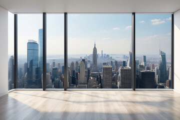 Interior skyscrapers view cityscape mockup of a blank room with a white wall during the day. Skyline view from a high-rise window. A gorgeous real estate with a view.