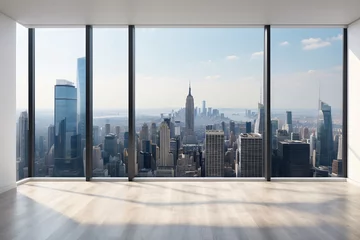 Foto op Plexiglas Interior skyscrapers view cityscape mockup of a blank room with a white wall during the day. Skyline view from a high-rise window. A gorgeous real estate with a view. © StockArtEmpire.AI