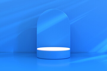 3d rendering blue realistic cylinder products podium 3D background. Arch backdrop. Minimal wall scene mockup product stage showcase, Banner promotion display. Abstract vector geometric forms.