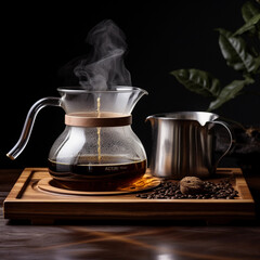 Alternative coffee brewing method,pure over,glass teapot on wooden tray with brewed coffee on dark background 