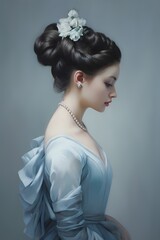 The enchanting allure of a Japanese woman with an elegantly braided French braid, adorned in a pastel blue ballet ensemble, radiating against a muted gray studio background.