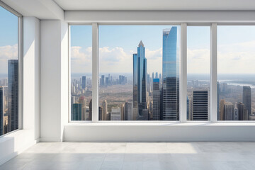 Interior skyscrapers view cityscape mockup of a blank room with a white wall during the day....