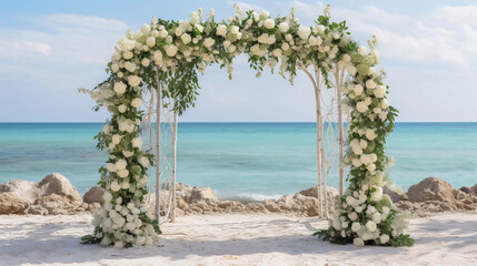 beautiful wooden decorative arch with flowers on the beach, white walkway for wedding ceremony 