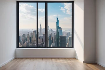 Fototapeten Interior skyscrapers view cityscape mockup of a blank room with a white wall during the day. Skyline view from a high-rise window. A gorgeous real estate with a view. © StockArtEmpire.AI