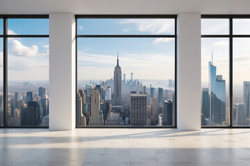 Interior skyscrapers view cityscape mockup of a blank room with a white wall during the day. Skyline view from a high-rise window. A gorgeous real estate with a view. - obrazy, fototapety, plakaty