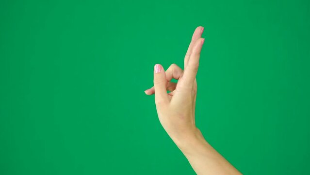count on fingers to three 1 2, 3, Female hand on a green chromakey background space for text learning count decide choose