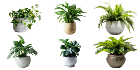 Set of Green plants in potted for interior decoration isolated on transparent png background, Houseplant for decorated in bedroom or living room, minimal natural health concept.