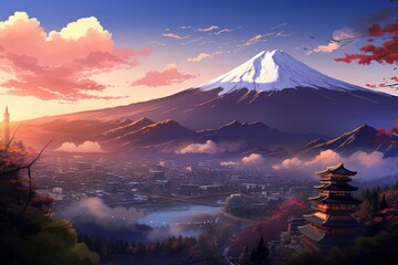  Infuse your design with the magic of anime imagination using a background that showcases Mount Fuji, Generative AI