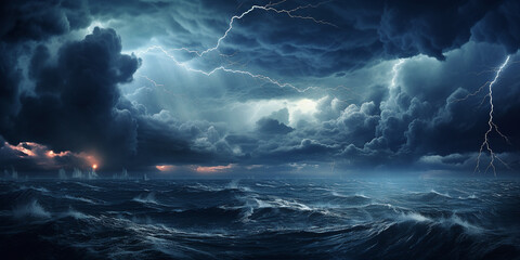 stormy sea, thick clouds and bright lightning - obrazy, fototapety, plakaty