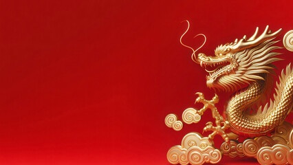 Traditional Chinese Golden Dragon Decor on Red Background, celebrating Chinese New Year and Lunar New Year 2024