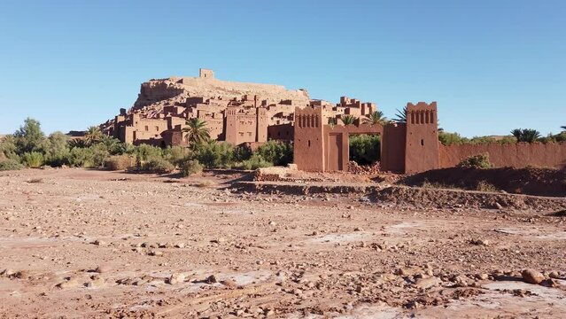 Ksat ait Ben Haddou village, built with earth and clay, ancient mud-brick architecture and labyrinth of narrow streets was a stop at the caravan route in Sahara desert, Morocco.