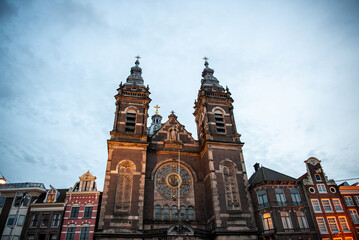 Fototapeta na wymiar Church at Blue hour in Amsterdam City 