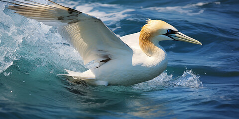 Lonely gannet hunting in the ocean