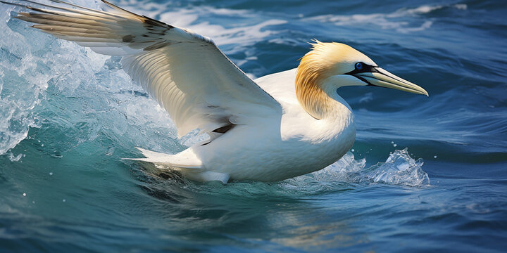 Lonely gannet hunting in the ocean