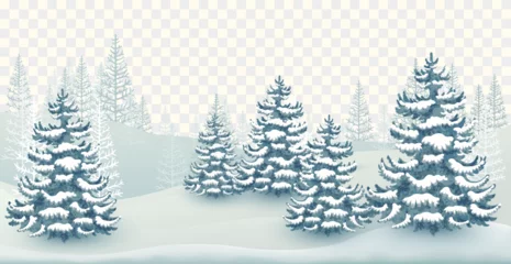 Poster Landscape with snowdrifts and coniferous trees in winter forest isolated. Vector illustration    © yayasya