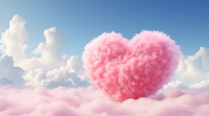 Fluffy heart shaped cloud in the blue sky. Heart made of clouds in the sky. Love romantic theme. Love background with copy space. Valentine's Day, Mother's Day concept. 