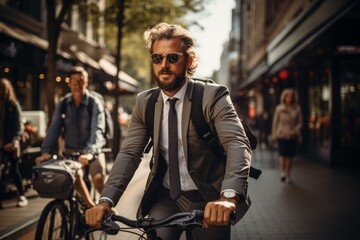 Stylish bearded businessman cycling to the office in his work attire, merging fashion and function on the city road, Generative AI