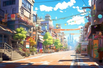 Obraz premium Create a visual masterpiece with an anime-style background showcasing a Japan city street, where characters in iconic anime, Generative AI 
