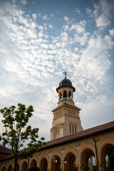 The tower of the Romanian Orthodox church in blue sky