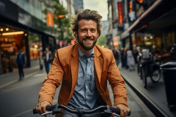 Foto op Aluminium Stylish businessman on a bicycle, suited up and on his way to work, navigating the bustling city streets with ease, Generative AI © Shooting Star Std
