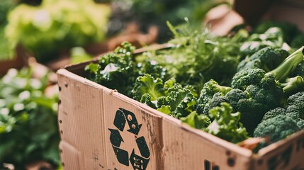 box filled with fresh organic vegetables, prominently featuring a recycling symbol, representing sustainable packaging solutions and eco-friendly agricultural methods, including organic composting.