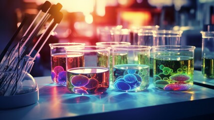 Close-up of identical flasks with multicolored contents in a modern scientific medical laboratory. New drug development, research, pharmaceuticals, biotechnology, microbes, biology, chemistry concepts